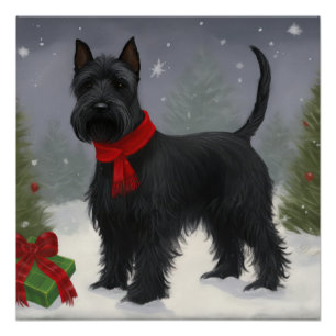 Poster Chien Terrier Écossais dans la neige de Noël