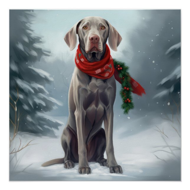 Poster Chien Weimaraner dans la neige de Noël (Devant)
