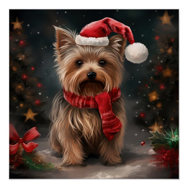 Poster Chien Yorkshire Terrier dans la neige Noël (Devant)