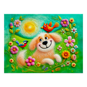 Poster Chiens d'art se relaxant dans un jardin coloré