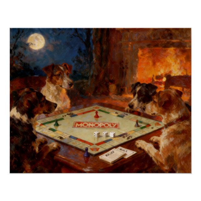 Poster Chiens mignons drôles jouant à un jeu de société  (Devant)