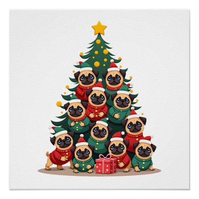 Poster Chiens Pug Arbre de Noël Mignon Noël (2) (Devant)