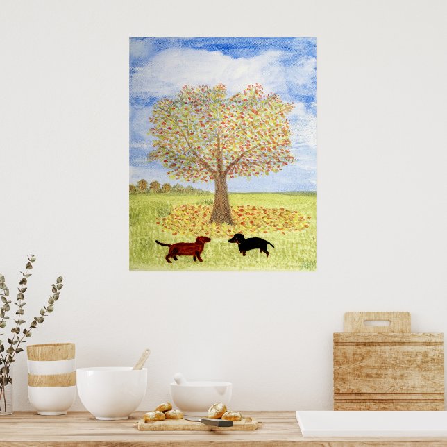 Poster Chiens teckel Arbre Promenade d'automne (Cuisine)