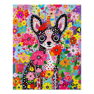 Poster Chihuahua Chig and Flowers 001 - Bijou sur mesure