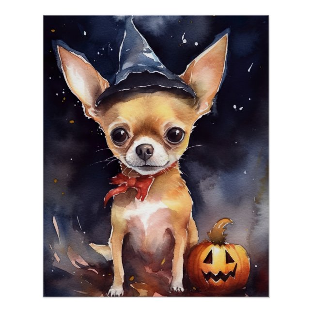 Poster Chihuahua Halloween avec citrouilles effrayant (Devant)