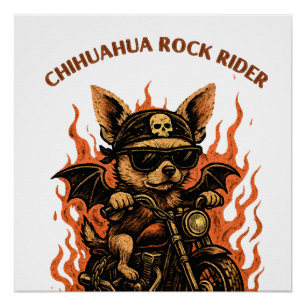 Poster Chihuahua motard sur moto avec des flammes
