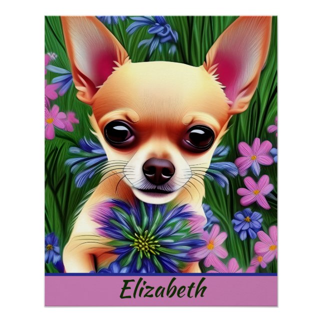 Poster Chihuahua Puppy dans la prairie de fleurs Personna (Devant)