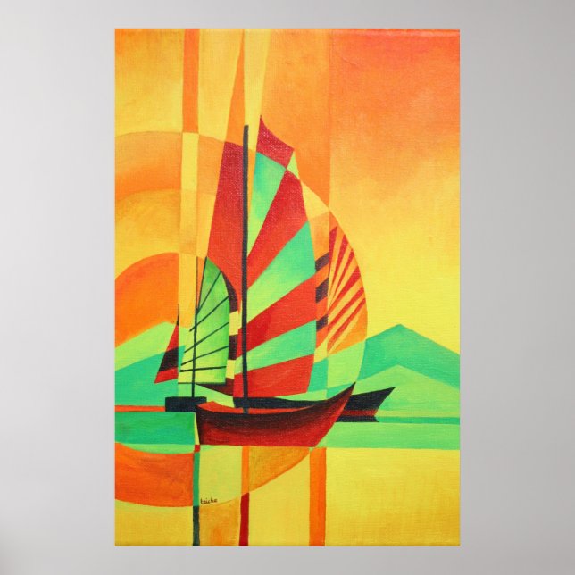 Poster Chinese Junks Sail to Shore In Cubism Geo Art (Devant)