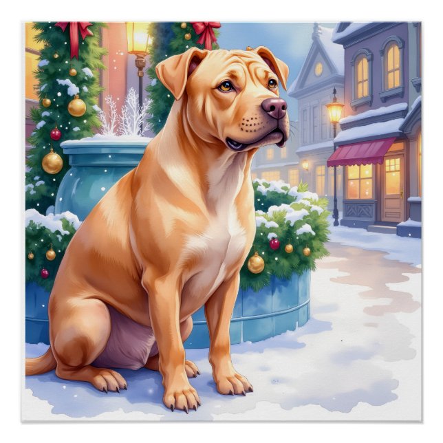Poster Chinese Shar-Pei Snowy Town Fountain Christmas Art (Devant)