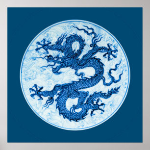 Poster chinois Dragon, Indigo Blue et White