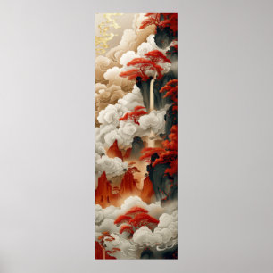 Poster chinois nuages rouge or blanc couleur