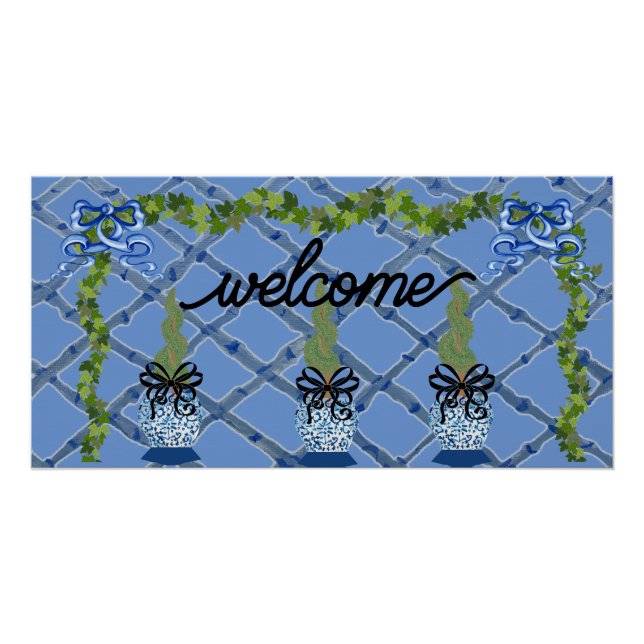 Poster Chinoiserie Blue Ginger Jars Topiary (Devant)