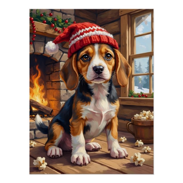 Poster Chiot Beagle Joyeux dans un Bonnet de Tricot Cosy (Devant)