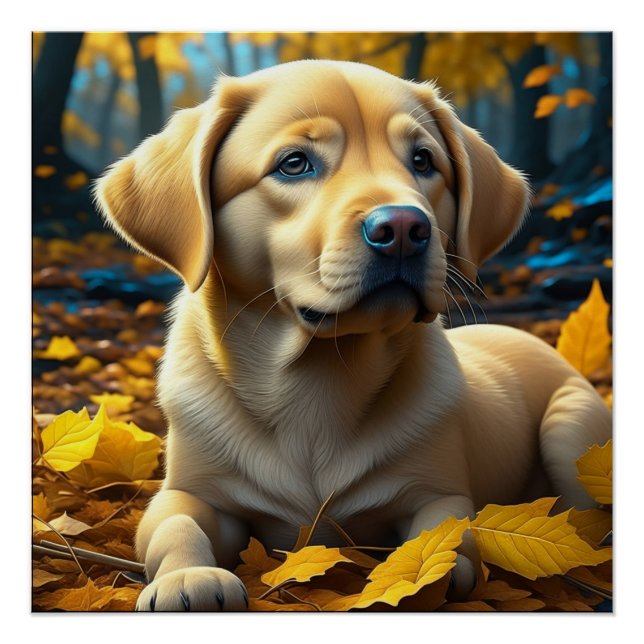 Poster Chiot jouant dans les feuilles d'automne   (Devant)