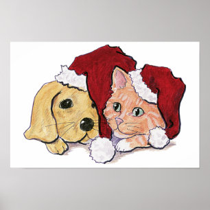 Poster Chiot Labrador de Noël mignon et chat tigré orange