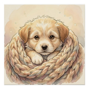 Poster Chiot mignon enveloppé dans une couverture tricoté