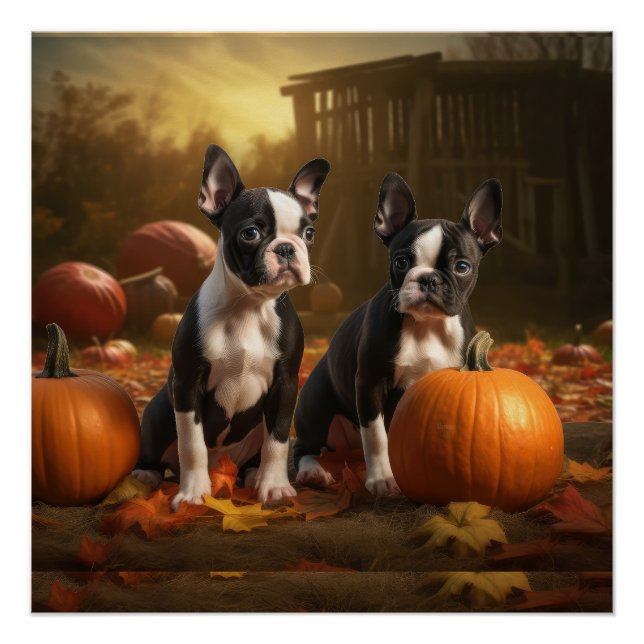 Poster Chiots Boston Terrier Délice d'Automne Citrouille (Devant)