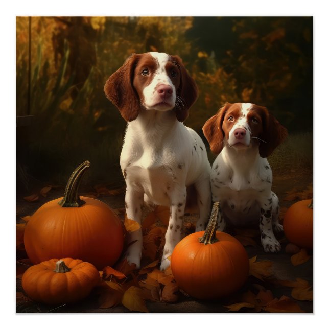 Poster Chiots Brittany Spaniel Délice d'Automne Citrouill (Devant)