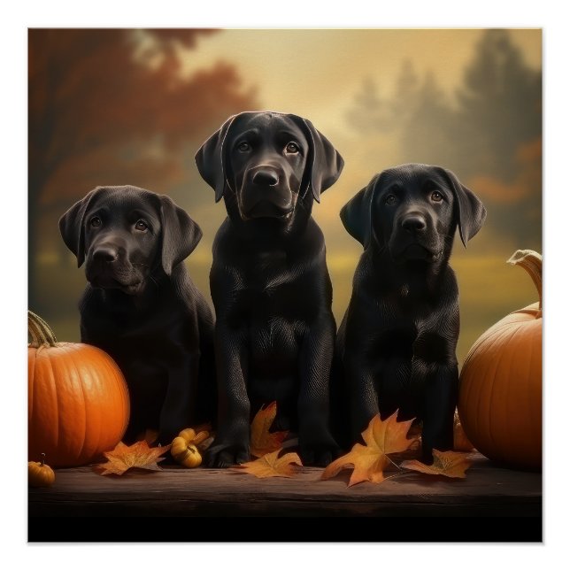 Poster Chiots Labrador Délice d'Automne Citrouille (Devant)