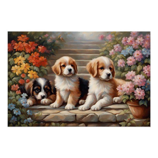 Poster Chiots mignons dans un jardin fleuri  (Devant)