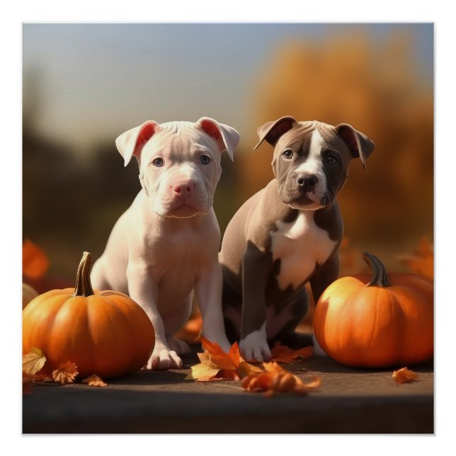 Poster Chiots Pitbull Délice d'Automne Citrouille (Devant)
