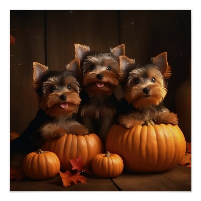 Poster Chiots Yorkshire Terrier Automne Délice Citrouille (Devant)