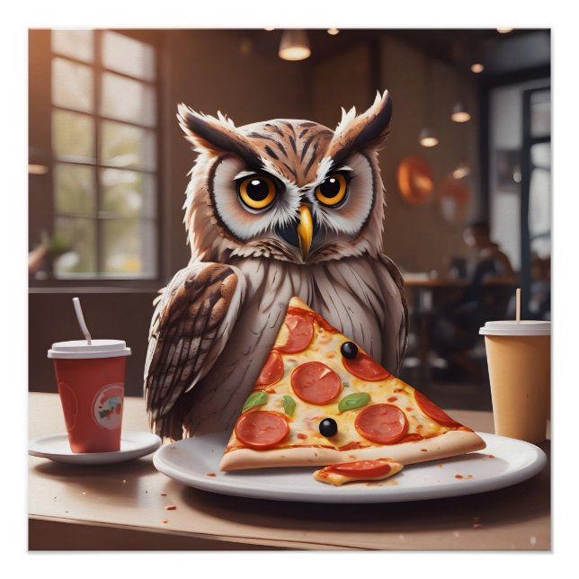 Poster Chouette aimant la pizza au Café (Devant)