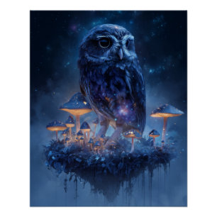 Poster Chouette bleue mystique avec champignons luminesce