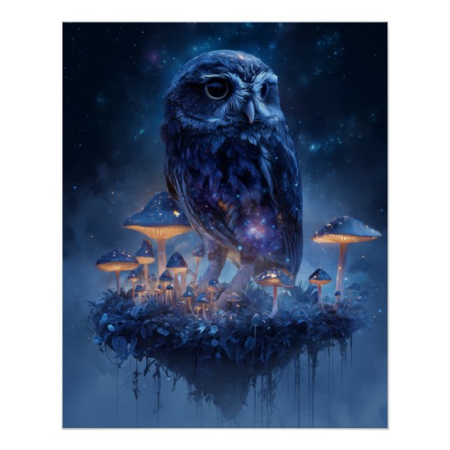 Poster Chouette bleue mystique avec champignons luminesce (Devant)