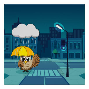 Poster Chouette mignonne avec parapluie le jour de la plu