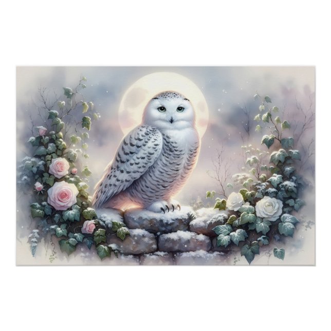 Poster Chouette neigeuse dans le jardin d'hiver Lune (Devant)