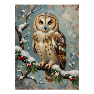 Poster Chouette neigeuse vintage avec décoration de Noël