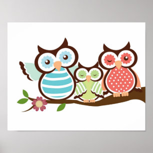 Poster Chouette pouponnière d'art bébé avec maman papa