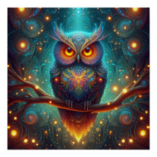 Poster Chouette psychédélique dans une forêt cosmique