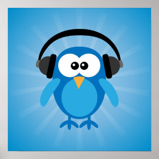 Poster Chouette Rétro Bleue Funky Avec Casque