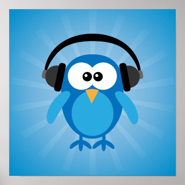 Poster Chouette Rétro Bleue Funky Avec Casque (Devant)