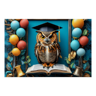 Poster Chouette sage en toque de diplômé posant avec un l