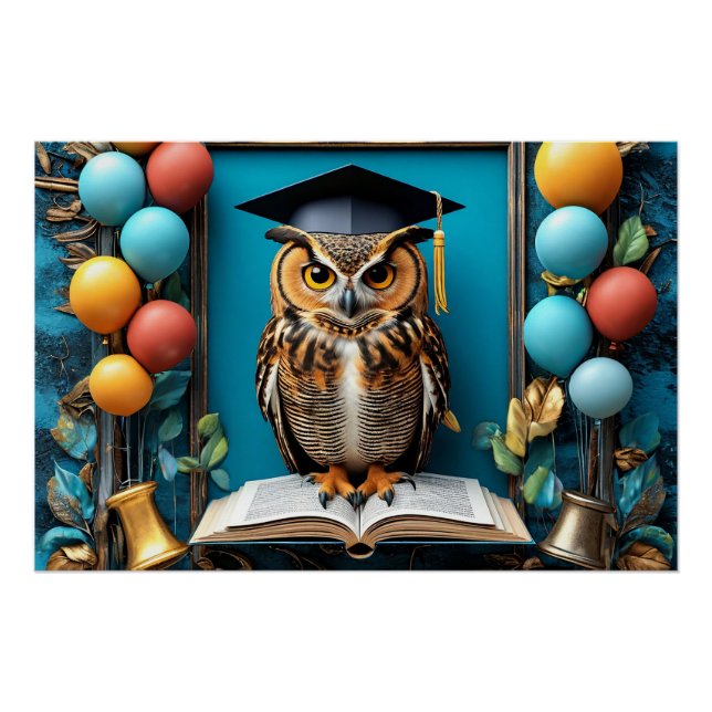 Poster Chouette sage en toque de diplômé posant avec un l (Devant)