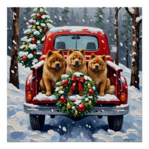 Poster Chow Chow camion rouge de Noël pour les Fêtes