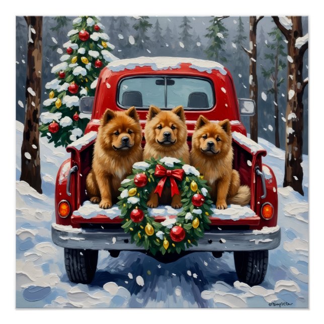 Poster Chow Chow camion rouge de Noël pour les Fêtes (Devant)