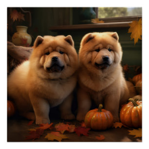 Poster Chow Chow Chiot Automne Citrouille de plaisir