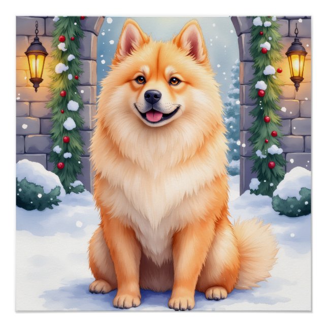Poster Chow Chow Cour de pierre enneigé Noël Art (Devant)