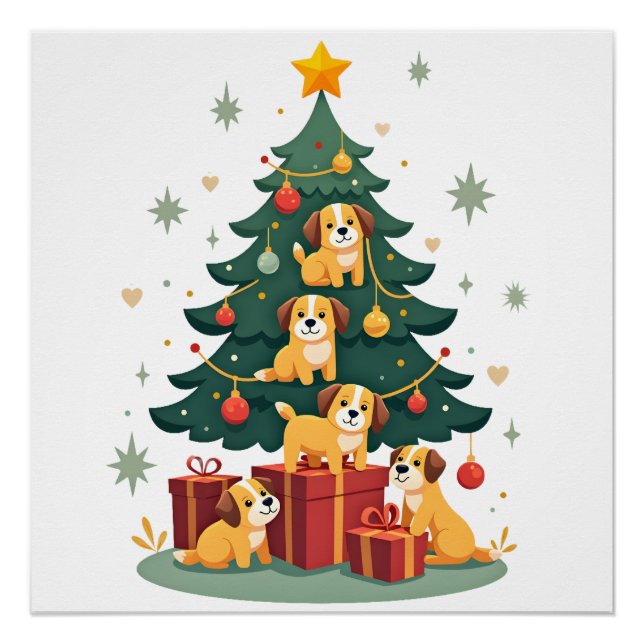 Poster Christmas Dog Tree T-Shirt Cute Funny Puppy Dogs X (Devant)