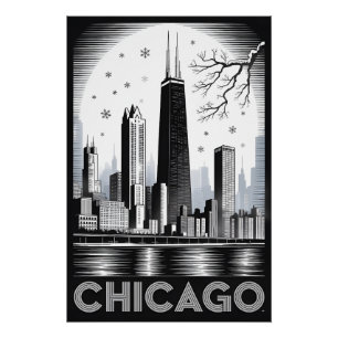Poster Ciel de Chicago Illinois Noir Blanc Gravure sur Bo