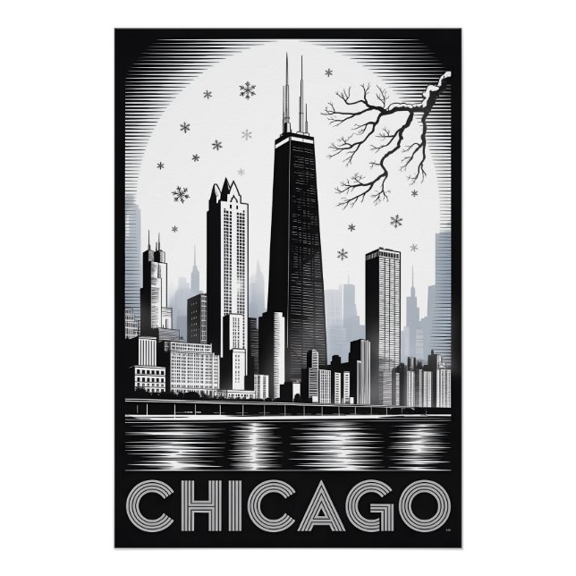Poster Ciel de Chicago Illinois Noir Blanc Gravure sur Bo (Devant)