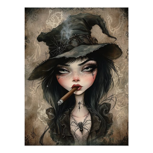 Poster Cigar Witch Brown gothique Halloween Art Imprimer (Devant)