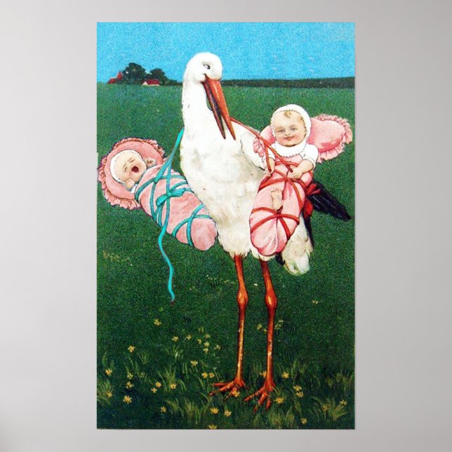 POSTER CIGOGNE JUMELLES FILLE FETE DE NAISSANCE MONOGRAMM (Devant)