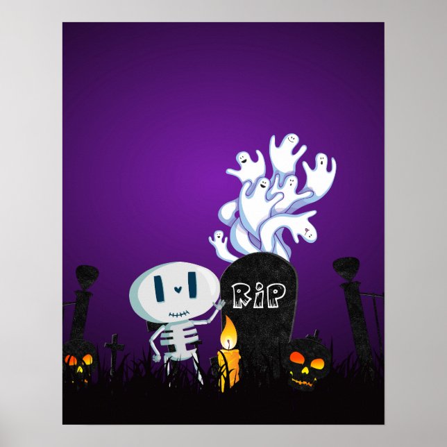 Poster Cimetière d'Halloween squelette et fantômes mignon (Devant)