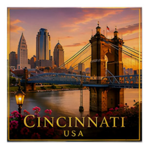 Poster Cincinnati Ohio Riverfront & Patrimoine du Midwest