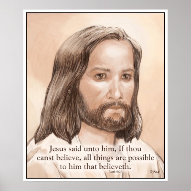 Poster Citation de Sepia Jesus Art Bible - Mark 9:23 (Devant)